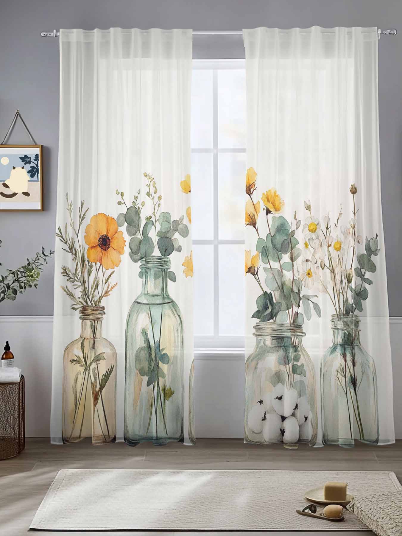 Spring Floral Sheer Curtains for Living Room Bedroom Eucalyptus Leaf ...