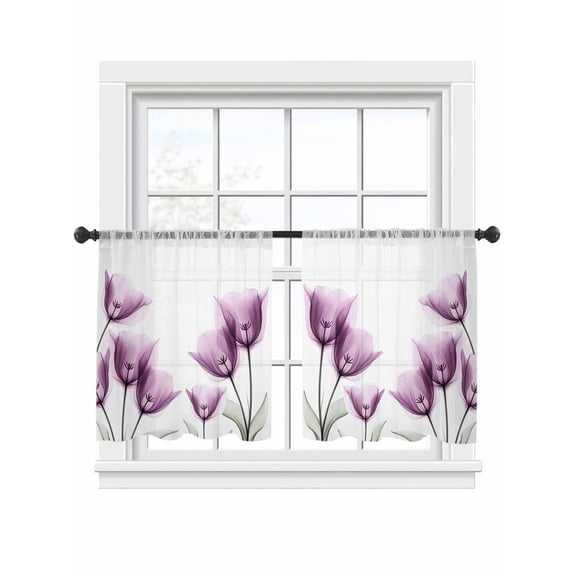 Spring Floral Sheer Curtains for Living Room Bedroom, Pink X-ray Tulip Looming Flower Leaf Modern Light Filtering Sheer Curtain Rod Pocket Voile Window Treaments Drapes, 52 x 45 Inches