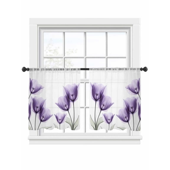 Spring Floral Sheer Curtains for Living Room Bedroom, Purple X-ray Tulip Looming Flower Leaf Modern Light Filtering Sheer Curtain Rod Pocket Voile Window Treaments Drapes, 52 x 45 Inches