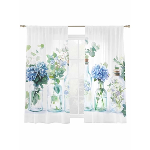 Spring Floral Sheer Curtains for Living Room Bedroom, Vintage Blue Hydrangea Leaves Bottle Simple Light Filtering Sheer Curtain Rod Pocket Voile Window Treaments Drapes, 52 x 63 Inches