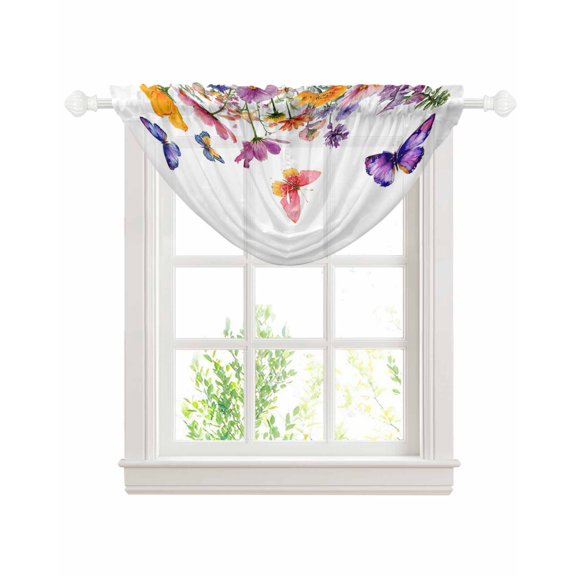 Spring Floral Sheer Waterfall Valance Curtains for Window, Farmhouse Flowers Butterfly Watercolor Rod Pocket Sheer Topper Swag Curtains for Living Room, Kitchen 38.5"W x 47.2"L, 1 Panel