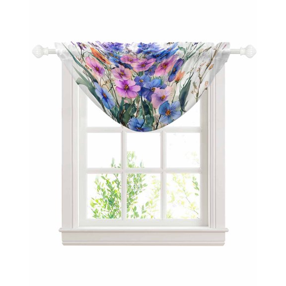 Spring Floral Sheer Waterfall Valance Curtains for Window, Farmhouse Purple Blue Flowers Rod Pocket Sheer Topper Swag Curtains for Living Room, Kitchen 38.5"W x 47.2"L, 1 Panel