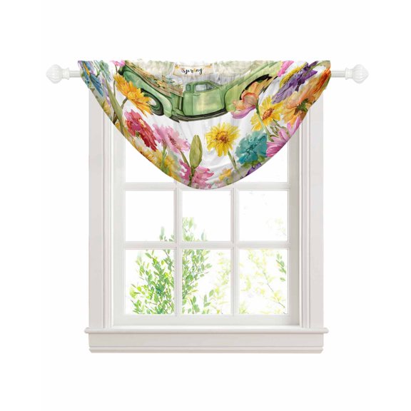 Spring Floral Sheer Waterfall Valance Curtains for Window, Green Country Truck Rustic Botanical Farmhosue Rod Pocket Sheer Topper Swag Curtains for Living Room, Kitchen 38.5"W x 47.2"L, 1 Panel