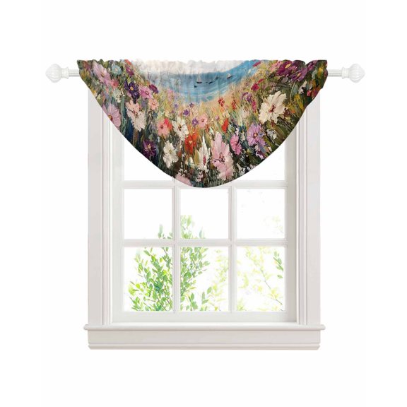 Spring Floral Sheer Waterfall Valance Curtains for Window, Oil Painting Art Landscape Beach Rod Pocket Sheer Topper Swag Curtains for Living Room, Kitchen 38.5"W x 47.2"L, 1 Panel