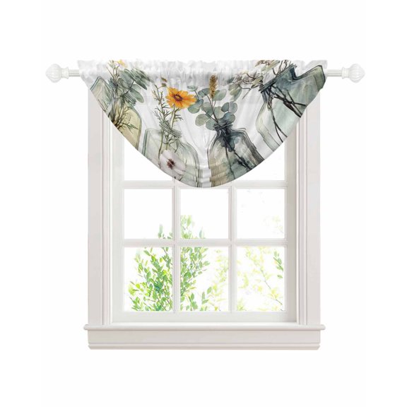 Spring Floral Sheer Waterfall Valance Curtains for Window, Pastoral Summer Botanical Watercolor Rod Pocket Sheer Topper Swag Curtains for Living Room, Kitchen 38.5"W x 47.2"L, 1 Panel