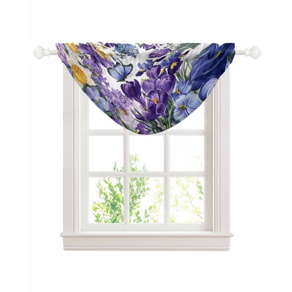 Spring Floral Sheer Waterfall Valance Curtains for Window, Purple Tulips Hydrangeas Butterflies Flowers Rod Pocket Sheer Topper Swag Curtains for Living Room, Kitchen 38.5"W x 47.2"L, 1 Panel