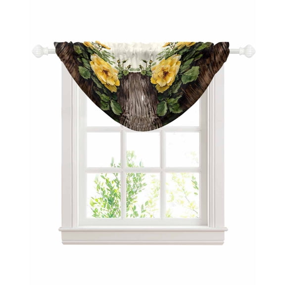 Spring Floral Sheer Waterfall Valance Curtains for Window, Yellow Roses Leaves Country Botanical Farmhouse Rod Pocket Sheer Topper Swag Curtains for Living Room, Kitchen 38.5"W x 47.2"L, 1 Panel