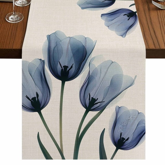 Spring Floral Short Table Runner 36 Inches Long,Blue Tulip Summer Botanical Rustic Cotton Linen Table Runners Dresser Scarves,Fabric Tabletop Scarf Furniture Cover for Home Dinner Party Decor 13"x36"