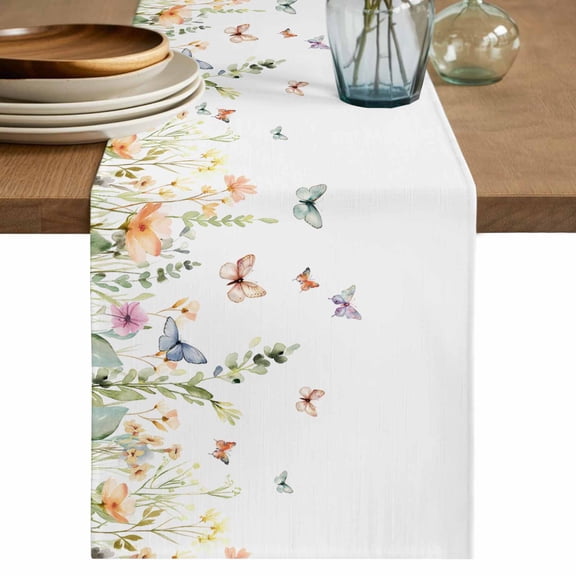 Spring Floral Short Table Runner 36 Inches Long,Butterfly Summer Botanical Watercolor Cotton Linen Table Runners Dresser Scarves,Fabric Tabletop Scarf Furniture Cover for Home Dinner Party 13"x36"