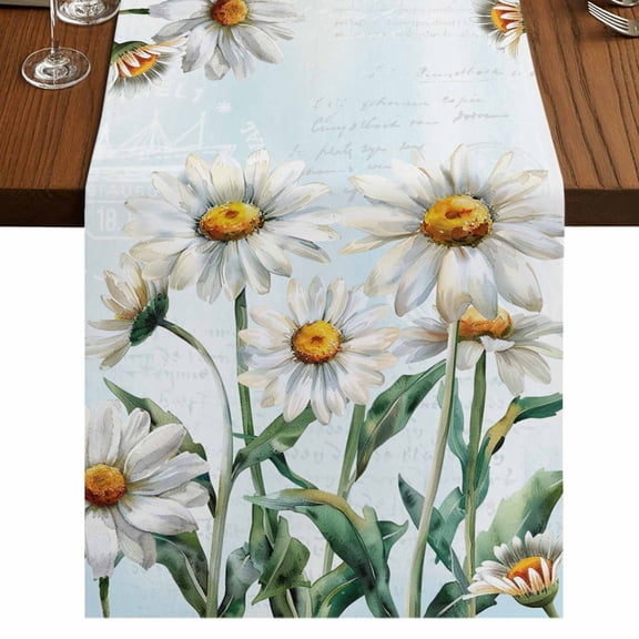 Spring Floral Short Table Runner 36 Inches Long,Watercolor Summer Botanical White Daisy Cotton Linen Table Runners Dresser Scarves,Tabletop Scarf Furniture Cover for Home Dinner Party Decor 13"x36"