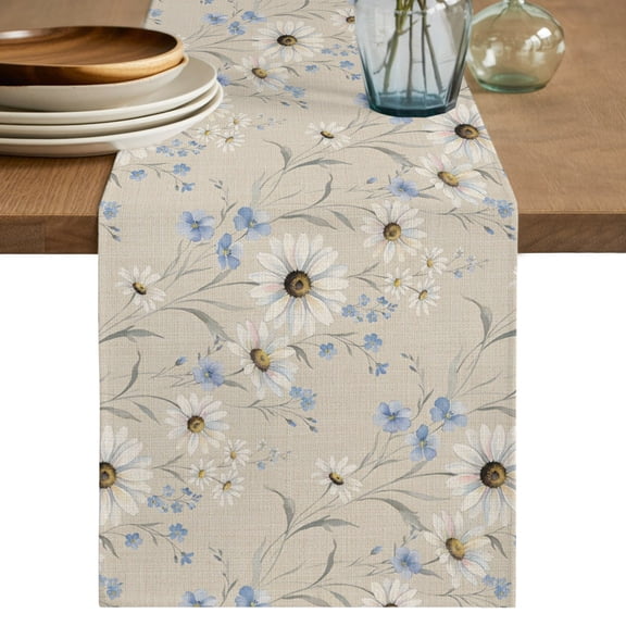 Spring Floral Short Table Runner 48 Inches Long,Retro Rustic Wildflower Botanical Beige Cotton Linen Table Runners Dresser Scarves,Fabric Tabletop Scarf Furniture Cover for Home Dinner Party 13"x48"