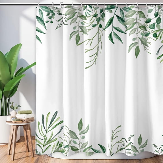 Spring Floral Shower Curtain with 12 Hooks Green Leaves Shower Curtain Set for Bathroom, Watercolor Boho Bath Curtain Set, Waterproof Fabric Shower Curtain