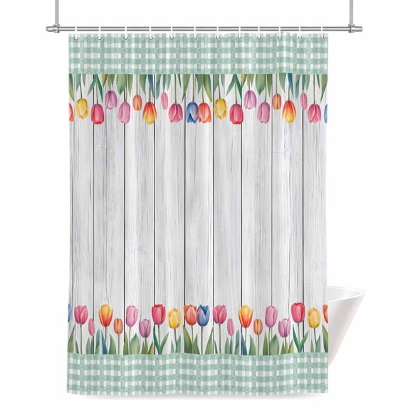 Spring Floral Shower Curtain, 72" x 72", Watercolor Flowers Green Leave Green Plaid Frame Waterproof Bathroom Curtain Washable Shower Curtain Set with 12 Hooks