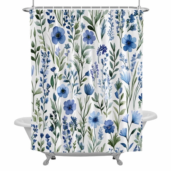 Spring Floral Shower Curtain for Bathroom, Blue Flower Sage Green Leaves Waterproof Cloth Fabric Bathroom Accessories Set with 12 Rust Proof Plastic Hooks, 36"x72"