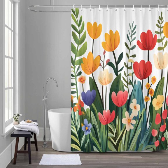 Spring Floral Shower Curtain for Bathroom Decor, Cartoon Colorful Flowers Green Farm Leaves Waterproof Fabric Shower Curtain, 54"x78" Set with 12 Hooks