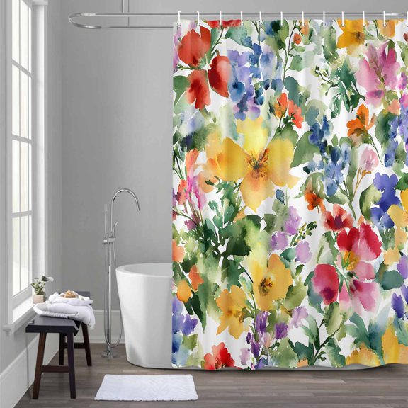 Spring Floral Shower Curtain for Bathroom Decor, Gradient Blue Pink Yellow Flowers Romantic Farmhouse Waterproof Fabric Shower Curtain, 54"x78" Set with 12 Hooks
