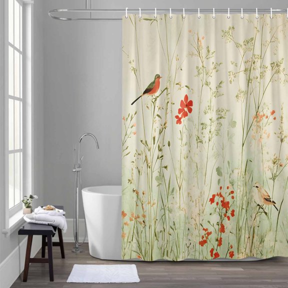 Spring Floral Shower Curtain for Bathroom Decor, Oil Painting Flowers Pair Birds Rustic Farmhouse Waterproof Fabric Shower Curtain, 54"x78" Set with 12 Hooks