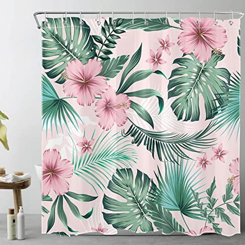 Spring Floral Shower Curtain for Bathroom Nature Green Leaf Botanical a and Palm Leaf on Pink Bathroom Shower Curtains with Hooks Tropical Plant Bathroom Curtains Shower Set 72x78 inch