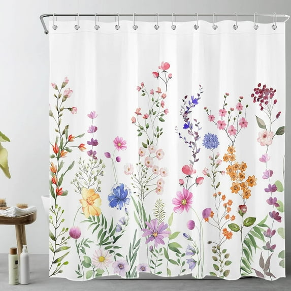 Spring Floral Shower Curtain for Bathroom,Rustic Blue and Pink Wildflower Green Leaf Plant on White Fabric Shower Curtain with Hooks,Country Nature Bathroom Curtains Shower Set, 72x84 inches