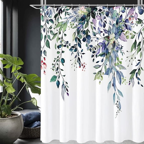 Spring Floral Shower Curtain for Bathroom, Watercolor Green Eucalyptus Leaves Plant Shower Curtain Set with Hooks, Washable Durable Polyester Fabric 72x72 Inch