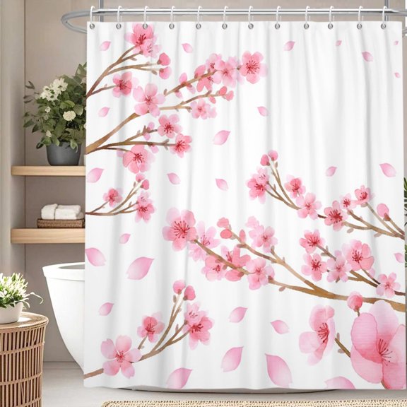 Spring Floral Shower Curtain Cherry Blossom Bath Curtain for Bathroom Decor with Hooks 72x72 in