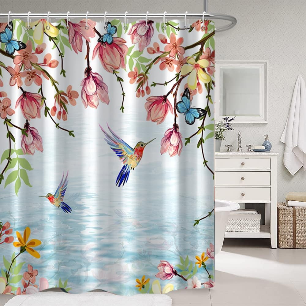 Spring Floral Shower Curtain, Colorful Humingbird Shower Curtain for Bathroom Pink Flower with Butterfly Fabric Shower Curtain Set with Hooks, 72x72 Inch