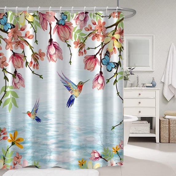 Spring Floral Shower Curtain, Colorful Humingbird Shower Curtain for Bathroom Pink Flower with Butterfly Fabric Shower Curtain Set with Hooks, 72x84 Inch