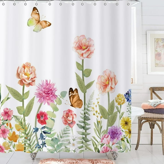 Spring Floral Shower Curtain, Colorful Watercolor Floral Wildflowers Butterflies Botanical Plants Bathroom Curtain Waterproof Fabric Machine Washable with Hooks, 72" Wx84 L