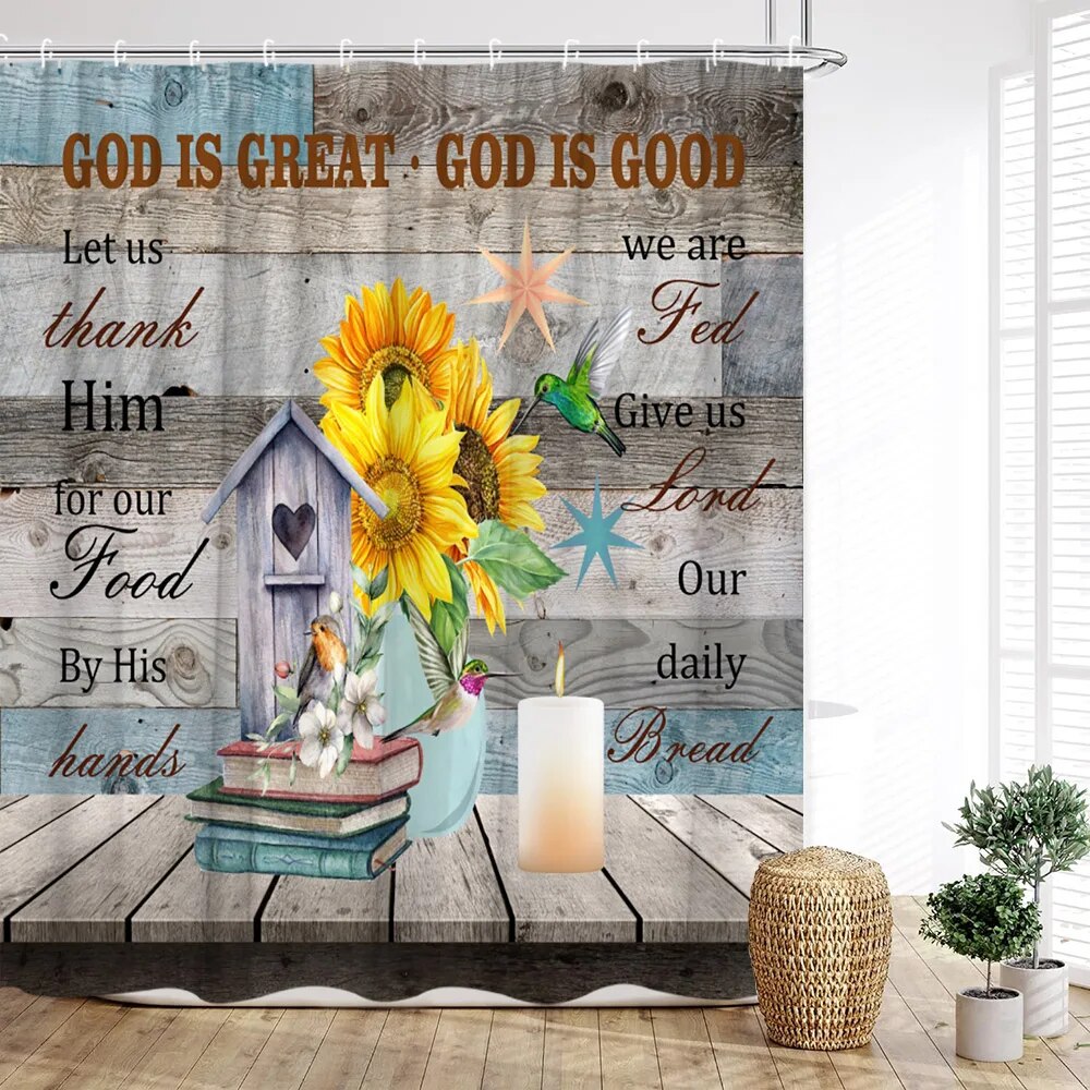 Spring Floral Shower Curtain Farm Butterflies Watercolor Rustic Wooden