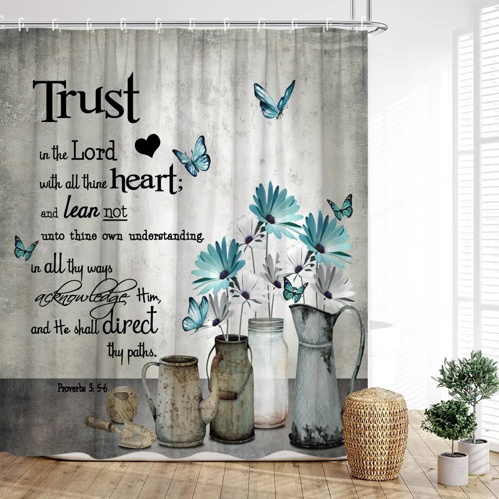 Spring Floral Shower Curtain Farm Butterflies Watercolor Rustic Wooden
