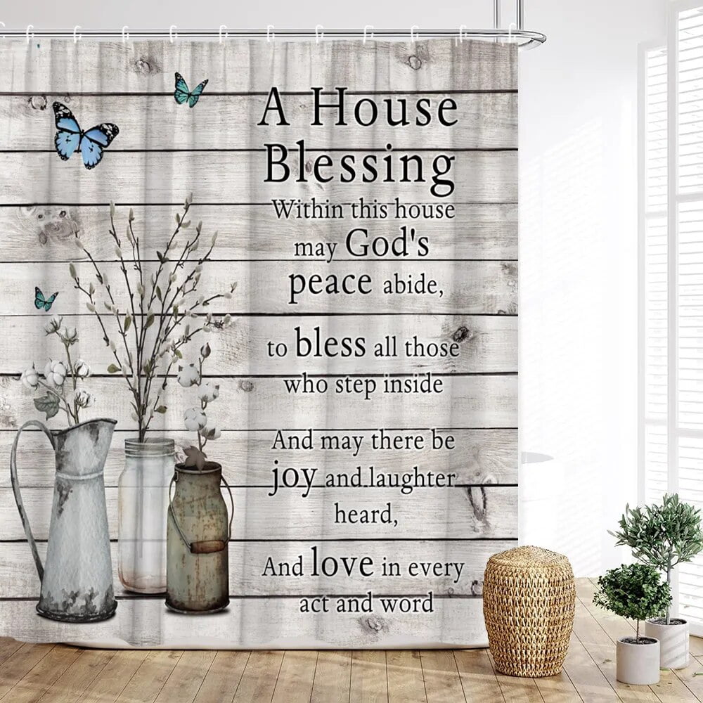 Spring Floral Shower Curtain Farm Butterflies Watercolor Rustic Wooden