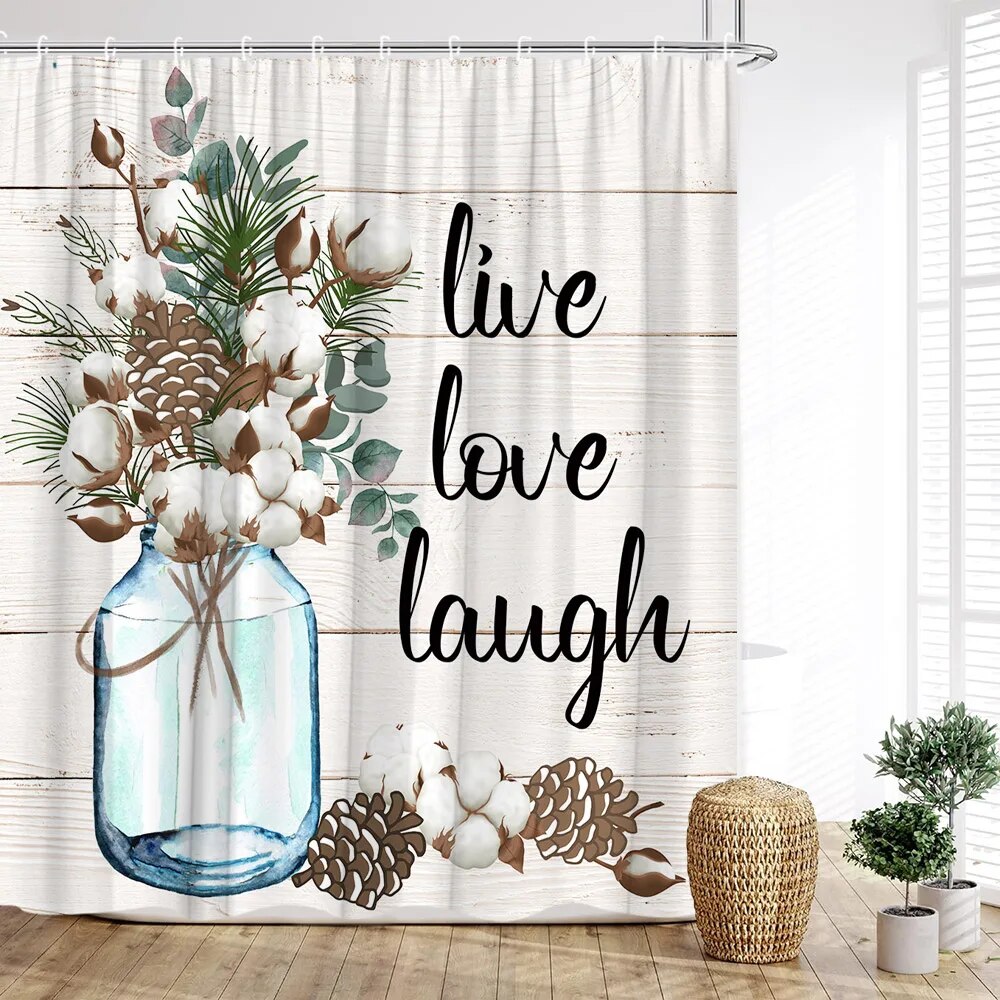 Spring Floral Shower Curtain Farm Butterflies Watercolor Rustic Wooden