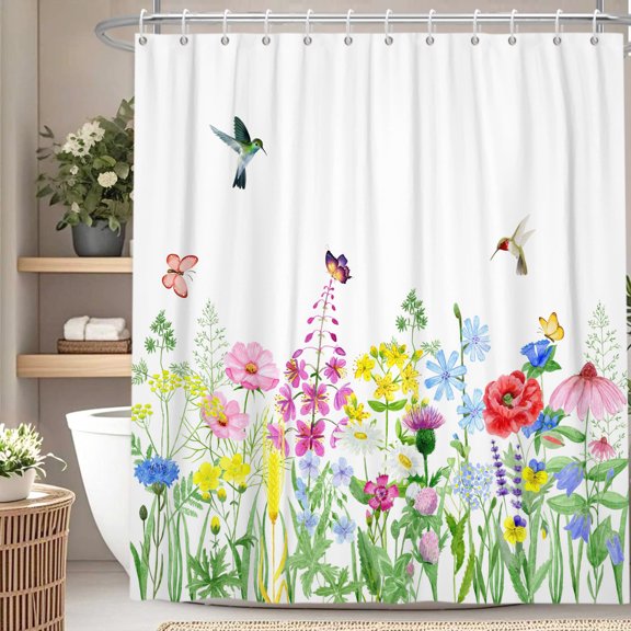 Spring Floral Shower Curtain Flowers with Birds Bath Curtain Decor with Hooks for Bathroom 72x72 in