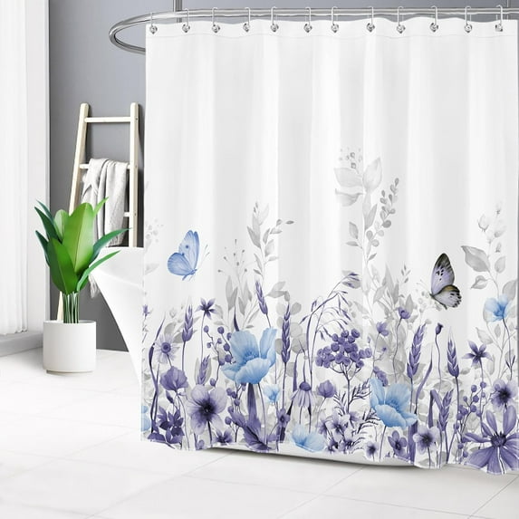 Spring Floral Shower Curtain with Hooks,Blue and Gray Flower Plant and Butterfly on White Shower Curtain Set Country Watercolor Wildflower Bathroom Curtains Shower Set,84L X 72W inches