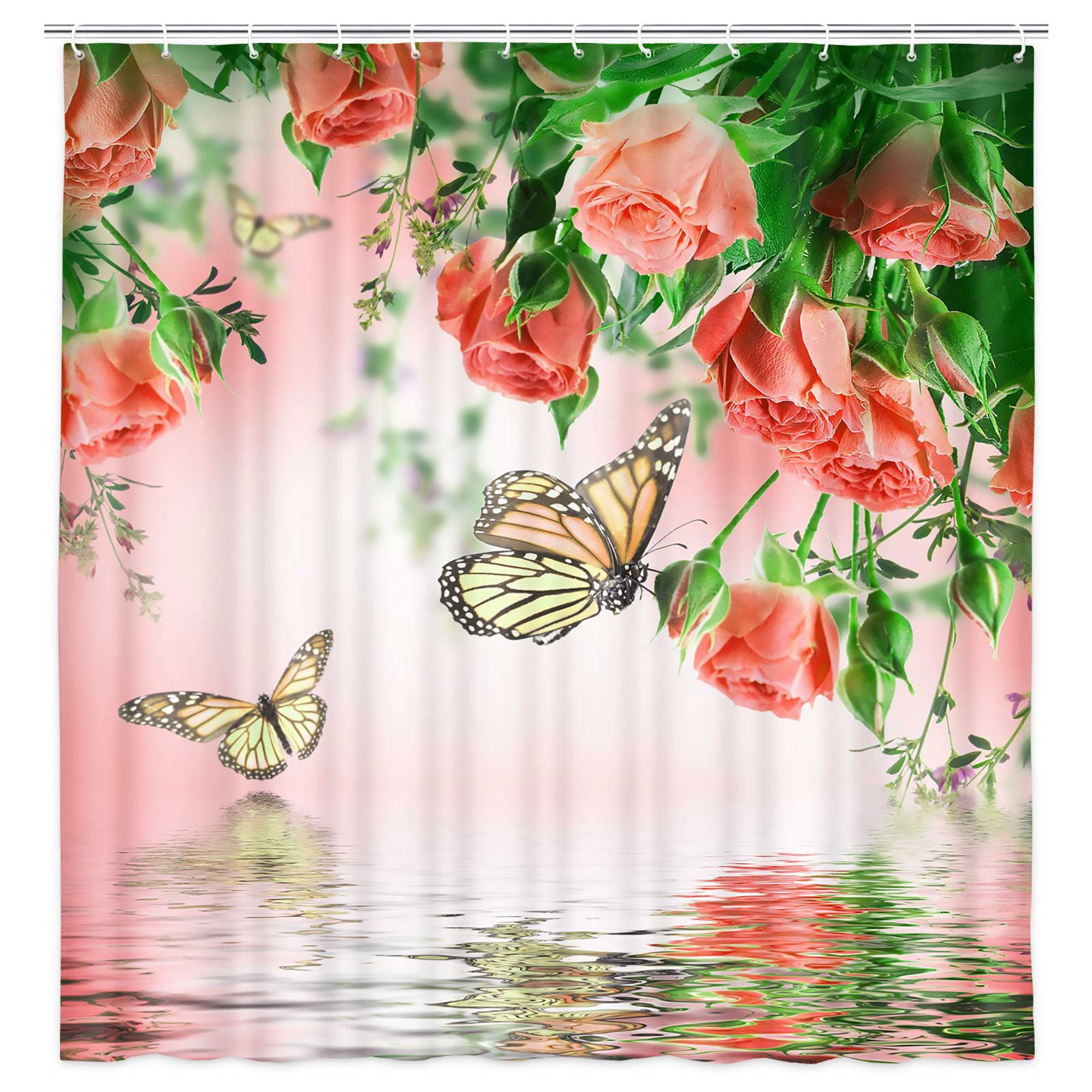 Spring Floral Shower Curtain, Pink Shower Curtains for Bathroom