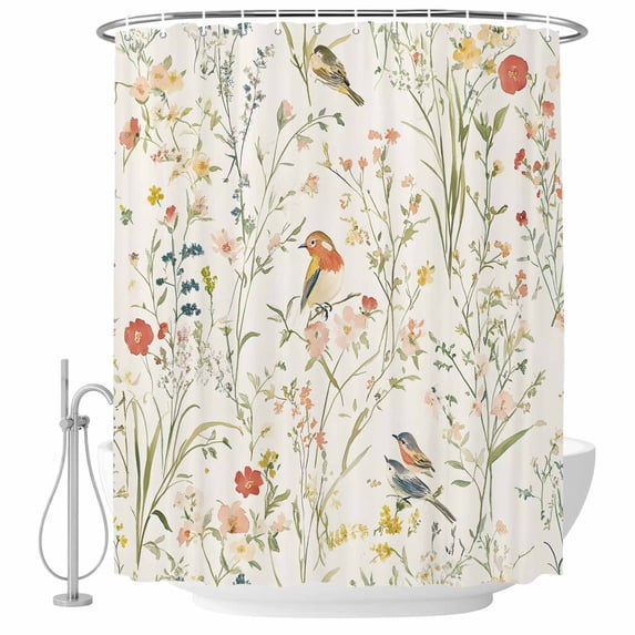 Spring Floral Shower Curtain Set - 72" x 78" Washable Bathtub Curtain with 12 Hooks, Summer Birds Botanical Country Pastoral Waterproof Fabric Stall Shower Curtains for Bathroom/Bathtub Décor
