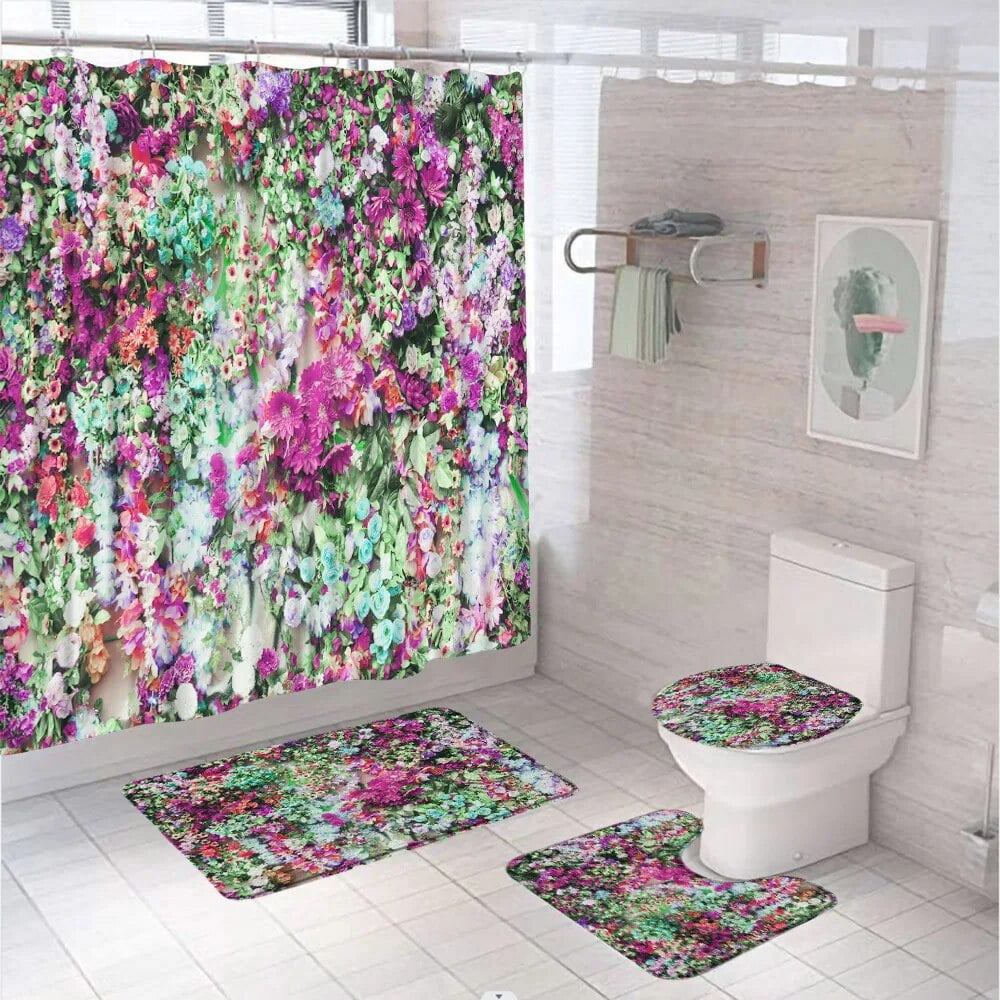 Spring Floral Shower Curtain Set Bathroom Screen Watercolor Flower ...