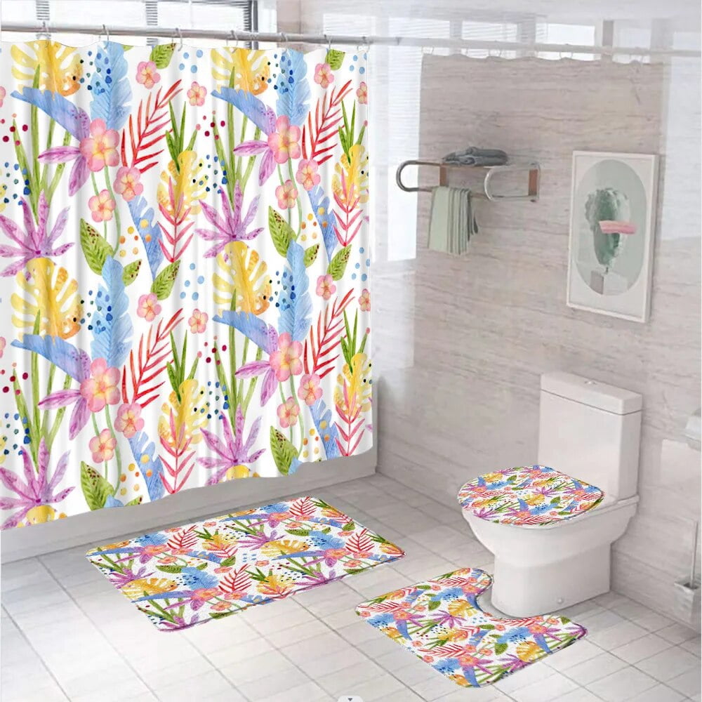 Spring Floral Shower Curtain Set Bathroom Screen Watercolor Flower ...