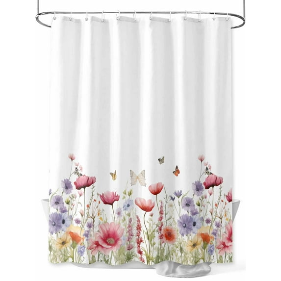 Spring Floral Shower Curtain Set, Waterproof Shower Curtains for Bathroom, Coloful Summer Botanical Flowers Butterfly Washable Fabric Cloth Bath Curtain for Bathtub Decoration with Hooks 48x72 Inches