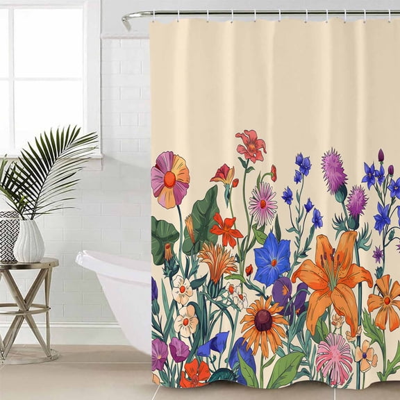 Spring Floral Shower Curtain Set, Waterproof Shower Curtains for Bathroom, Purple Yellow Flower Farmhouse Washable Fabric Cloth Bath Curtain for Bathtub Decoration with Hooks 48x72 Inches