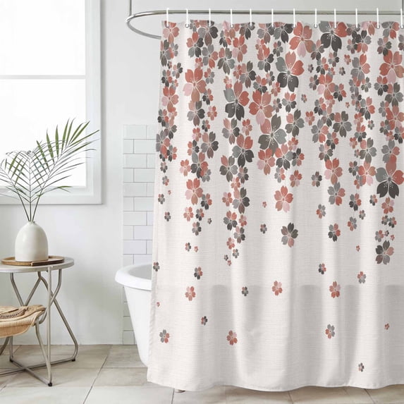 Spring Floral Shower Curtain Set, Waterproof Shower Curtains for Bathroom, Red Gray Cherry Flowers Blossom Beige Washable Fabric Cloth Bath Curtain for Bathtub Decoration with Hooks 72x78 Inches