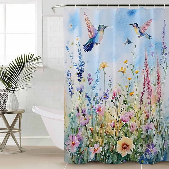 Spring Floral Shower Curtain Set, Waterproof Shower Curtains for Bathroom, Summer Botanical Hummingbird Washable Fabric Cloth Bath Curtain for Bathtub Decoration with Hooks 60x72 Inches