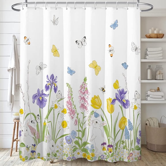Spring Floral Shower Curtain Sets,Purple Yellow Flowers Bathroom Curtains,Modern Minimalist White Bath Curtain, Waterproof Fabric with 12 Hooks 72x72 Inches