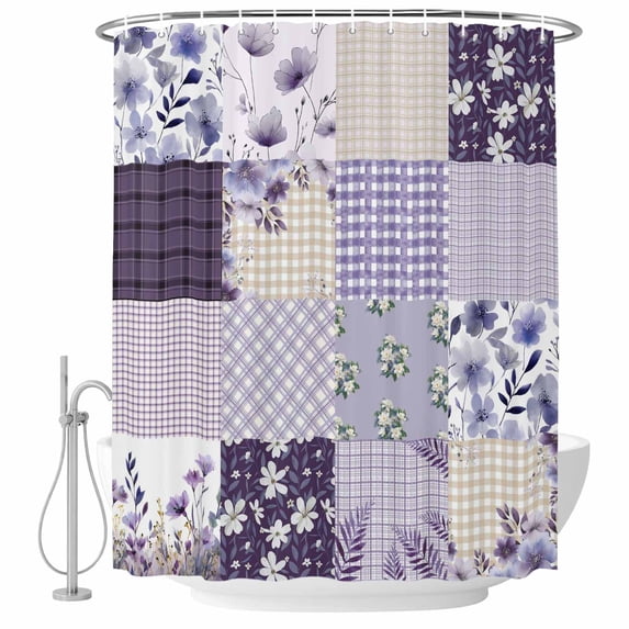 Spring Floral Shower Curtain, Waterproof Shower Curtains for Bathroom, Dark Purple Flowers Patchwork Grid Bohemia Washable Fabric Bathtub Curtain Set Bath Decor with 12 Hooks Long 72"x84"