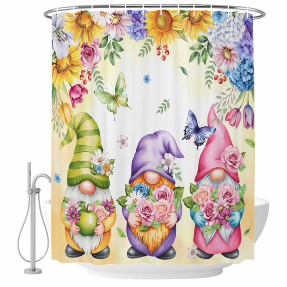Spring Floral Shower Curtain, Waterproof Shower Curtains for Bathroom, Watercolor Gnomes Flowers Butterflies Yellow Washable Fabric Bathtub Curtain Set Bath Decor with 12 Hooks Standard 72"x72"