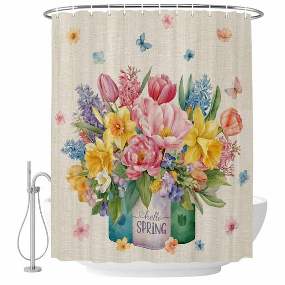 Spring Floral Shower Curtain, Waterproof Shower Curtains for Bathroom, Watercolor Lavender Daisy Butterflies Linen Washable Fabric Bathtub Curtain Set Bath Decor with 12 Hooks 72"x78"