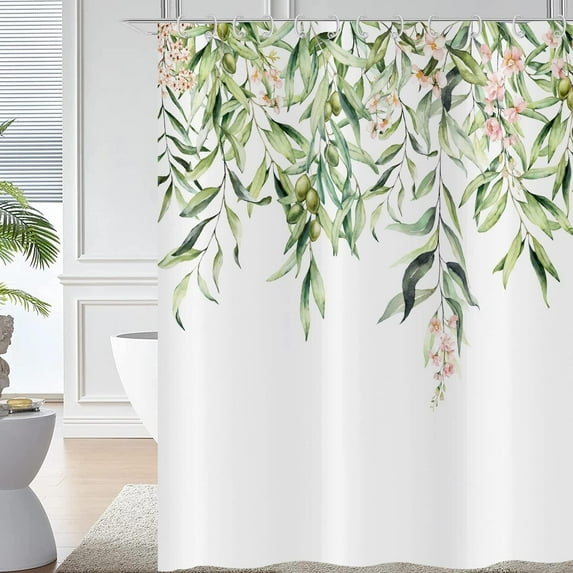 Spring Floral Shower Curtains, Weighted Bottom Green Eucalyptus Leaf Willow Leaves with Pink Flower Watercolor Plants Fabric Bath Curtain for Bathroom Home Decor Waterproof Washable with Hooks
