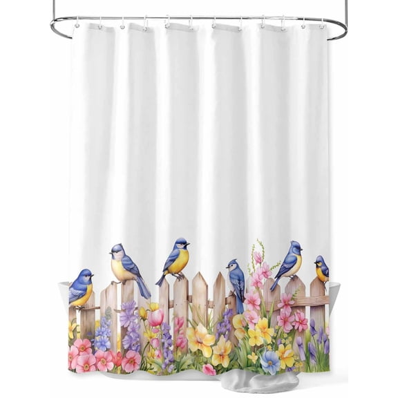 Spring Floral Small Stall Shower Curtain, Waterproof Shower Curtains for Bathroom, Summer Birds Botanical Fence Washable Fabric Cloth Bath Curtain for Bathtub Decoration with Hooks 36x72 Inches