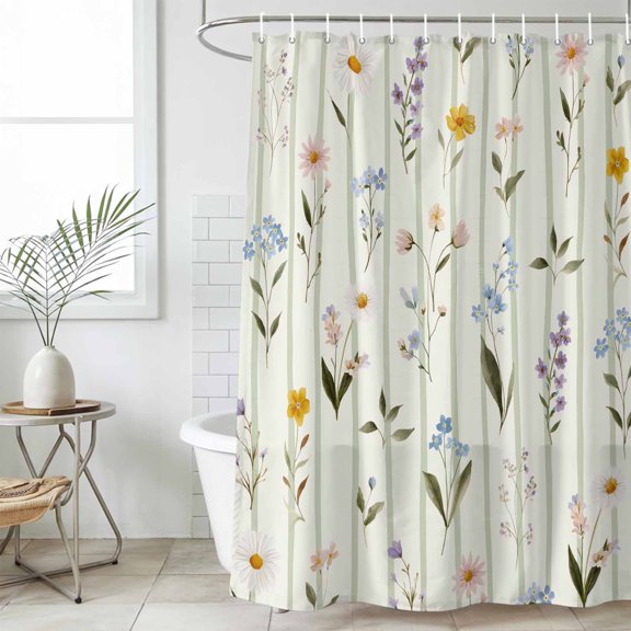 Spring Floral Small Stall Shower Curtain, Waterproof Shower Curtains for Bathroom, Summer Botanical Sage Green Striped Washable Fabric Bath Curtain for Bathtub Decoration with Hooks 36x72 Inches