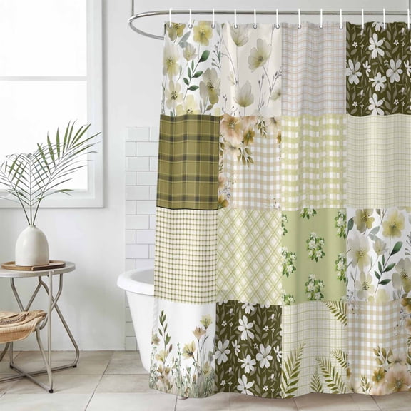 Spring Floral Small Stall Shower Curtain, Waterproof Shower Curtains for Bathroom, Yellow Flowers Botanical Patchwork Grid Bohemia Washable Fabric Bath Curtain for Bathtub with Hooks 36x72 Inches